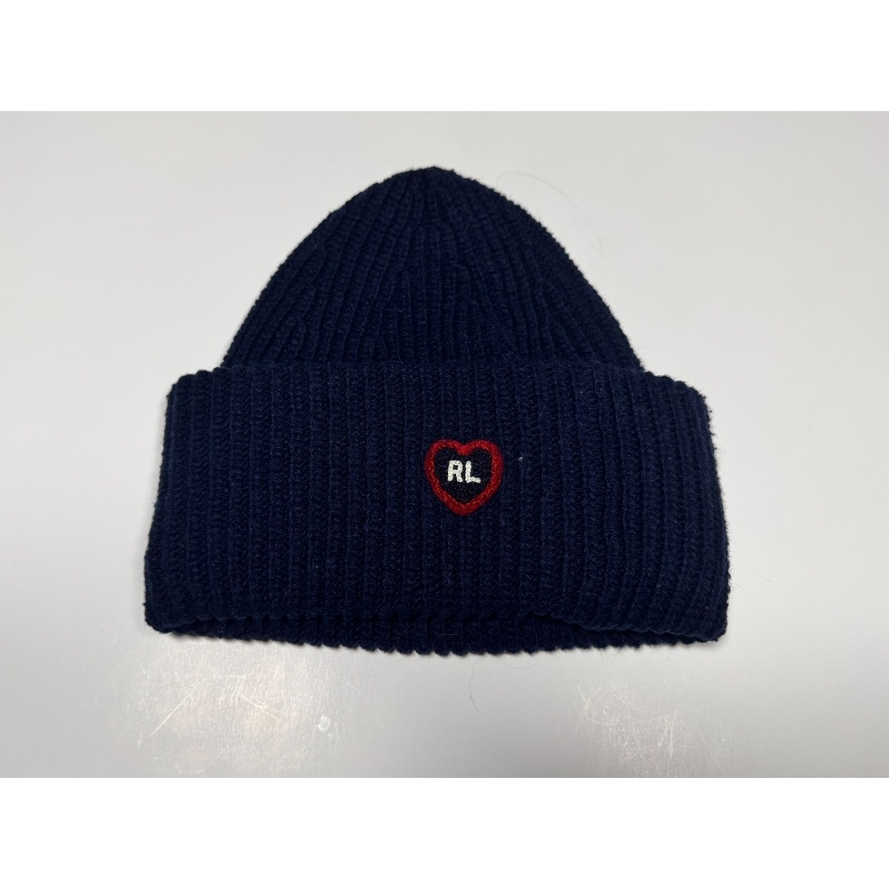 Ralph Lauren Kids Beanie‎ Hat Black Ribbed Knit Heart Patch Cuffed Winter Cap